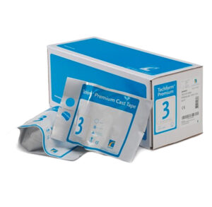 Box of sterile wound dressings with individual packets.