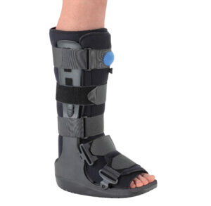 A black orthopedic walking boot for foot and ankle support.