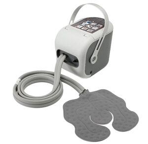 Portable leg compression device with control panel and leg cuffs.