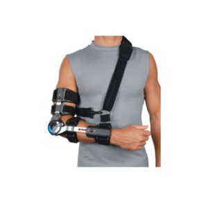 Adjustable elbow brace with straps and metal support for arm stabilization.