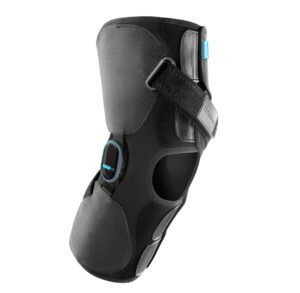 Black knee brace with adjustable straps for support and stability.