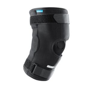 Black adjustable knee brace with straps and open patella design.