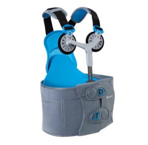 Adjustable blue and gray back support brace with dual dial tensioners.