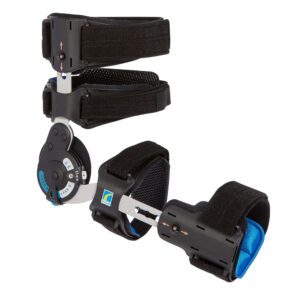 Set of black wearable electronic devices with blue accents and adjustable straps.
