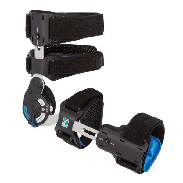 Set of black wearable electronic devices with blue accents and adjustable straps.