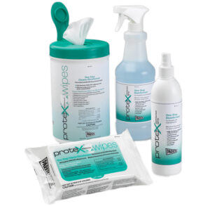 A set of cleaning products including wipes, spray, and a bottle with a green and white label.