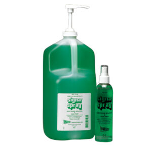 Large and small green liquid soap dispensers with pump and spray nozzle.