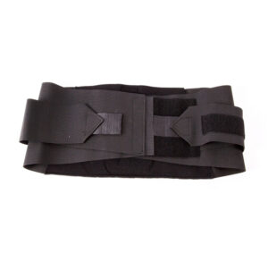 Black adjustable lumbar support belt with buckle.