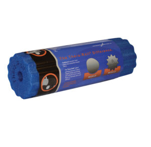 Blue cylindrical package of gardening or landscaping fabric.