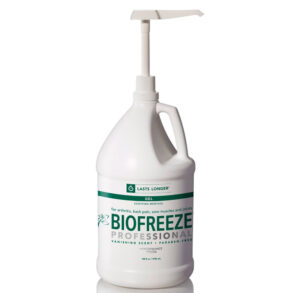 A large white bottle of Biofreeze Professional pain relief gel with a pump.