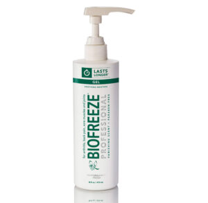 Bottle of Biofreeze pain relief gel with pump dispenser.