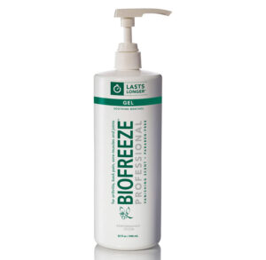 Bottle of Biofreeze pain relief gel with pump dispenser.