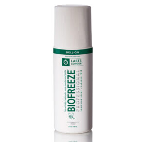 Bottle of Biofreeze pain relief gel with roll-on applicator.