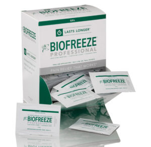 Biofreeze pain relief gel packets with box packaging.