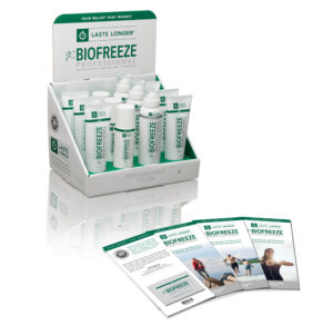 Display of Biofreeze pain relief gel tubes with informational pamphlets.
