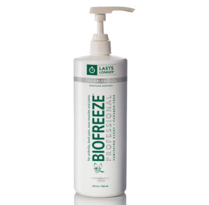 Biofreeze pain relief gel bottle with pump dispenser.