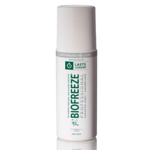 Biofreeze pain relief gel bottle with white and green label.