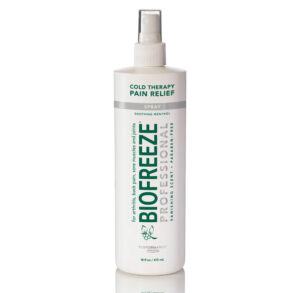 Bottle of Biofreeze pain relief spray for topical use.