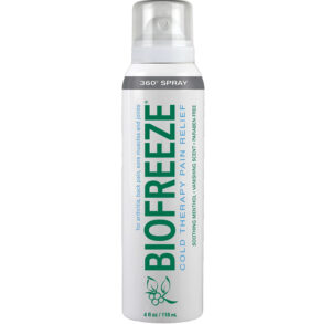 A bottle of Biofreeze pain relief gel with a white and green label.