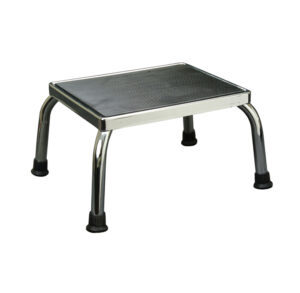 A small black and silver step stool with four legs.