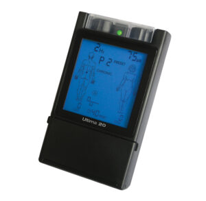 A vintage handheld electronic organizer with a blue screen and black casing.