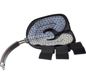 Adjustable knee pad with black straps and blue cushioned padding.