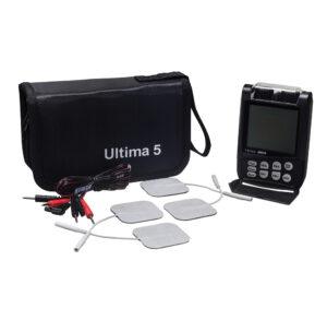 Portable electronic muscle stimulator with electrodes and carrying case.