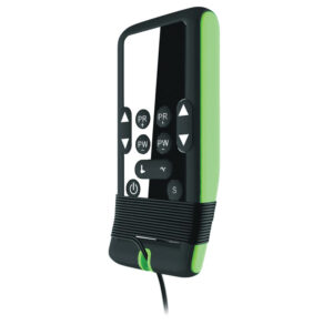 Black and green handheld device with buttons and a wired connection.