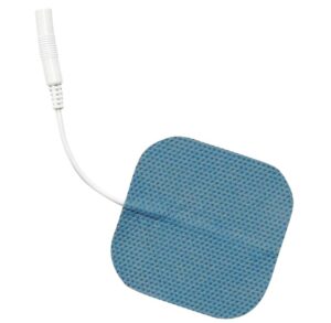Blue square electrode pad with a white connector wire.