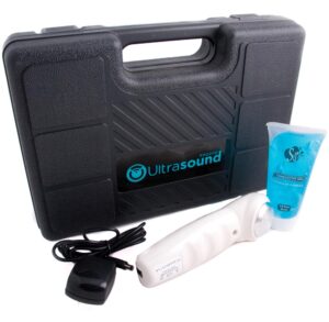 Ultrasound therapy device with gel and carrying case.