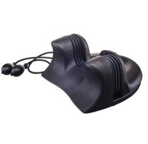 Black portable neck and shoulder massager with earphones.