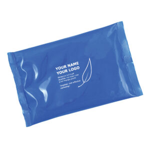 Blue resealable plastic pouch with customizable logo space.