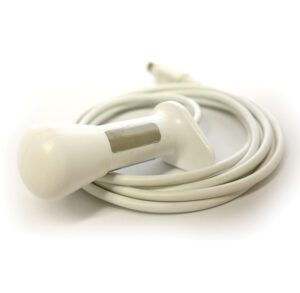 White wired earphones with a bulb-shaped design on a white background.