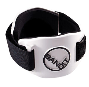 White and black adjustable wristband with a logo.
