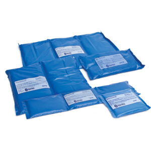 Various sizes of reusable blue gel ice packs.