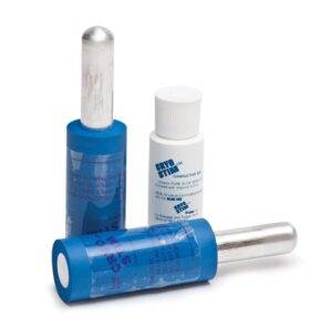 Three cylindrical blue and white cosmetic containers on a white background.