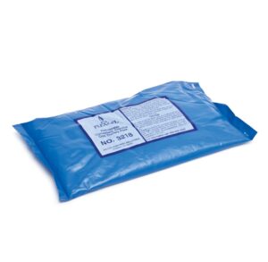 A blue gel ice pack with a white label on top.