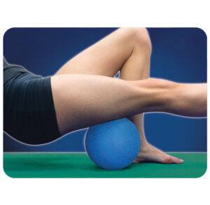 Person using a blue exercise ball for leg and core stretching.