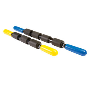 Two yellow and blue foam rollers with black handles.