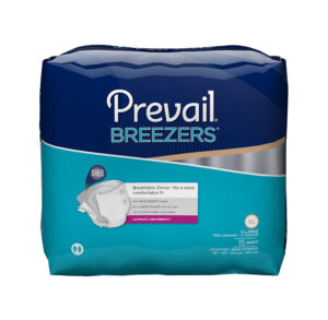 Package of Prevail Breezers adult diapers in navy and teal colors.