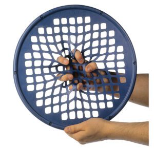 Two small brown rats resting inside a blue mesh scoop.