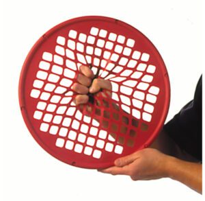 Hand holding a red fly swatter against a white background.