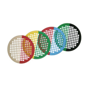 Five colorful plastic mesh scoops in different colors.