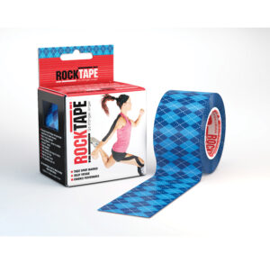 Roll of blue RockTape kinesiology tape with its packaging box.