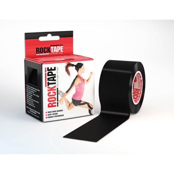Roll of black RockTape kinesiology tape with packaging.