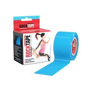 Blue kinesiology tape with packaging showing an active woman.