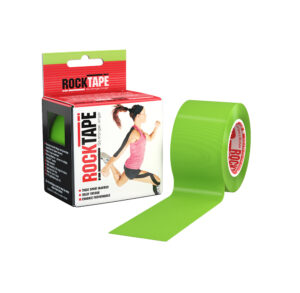 Bright green rock tape roll with packaging showing an athlete.