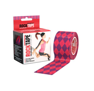 Red and black patterned RockTape kinesiology tape with its packaging box.