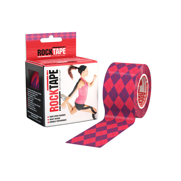 Red and black patterned RockTape kinesiology tape with its packaging box.