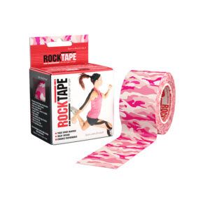 Roll of pink camo-patterned kinesiology tape with packaging.